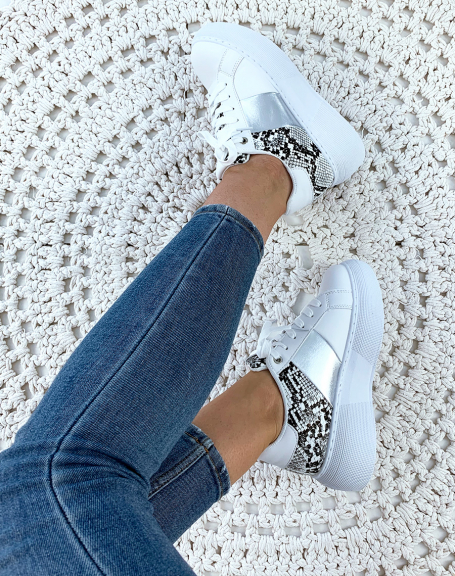 White sneakers with croc and metallic gray details