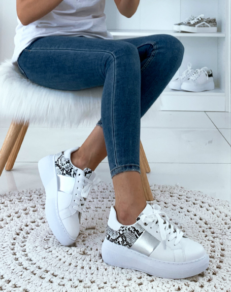 White sneakers with croc and metallic gray details