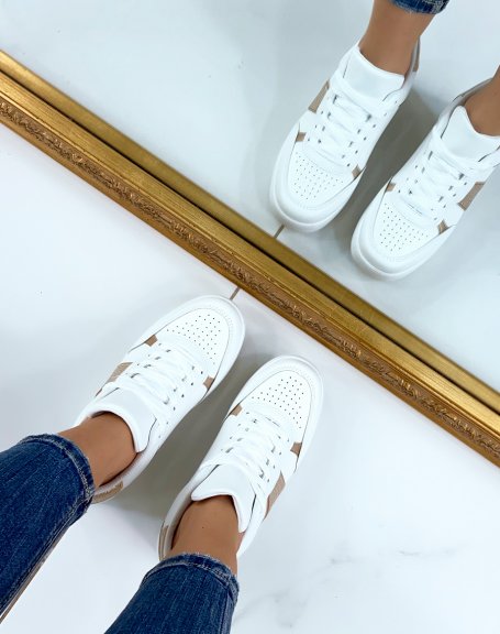 White sneakers with crocodile and gold inserts