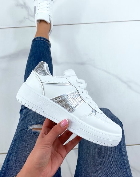 White sneakers with crocodile and silver inserts