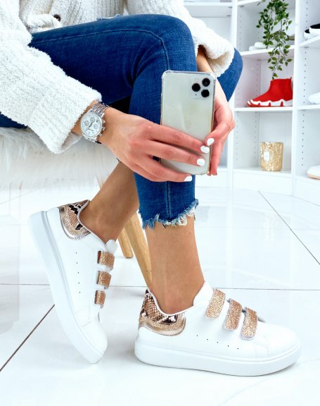 White sneakers with glitter champagne velcro