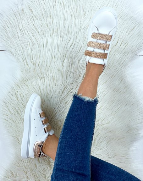 White sneakers with glitter champagne velcro