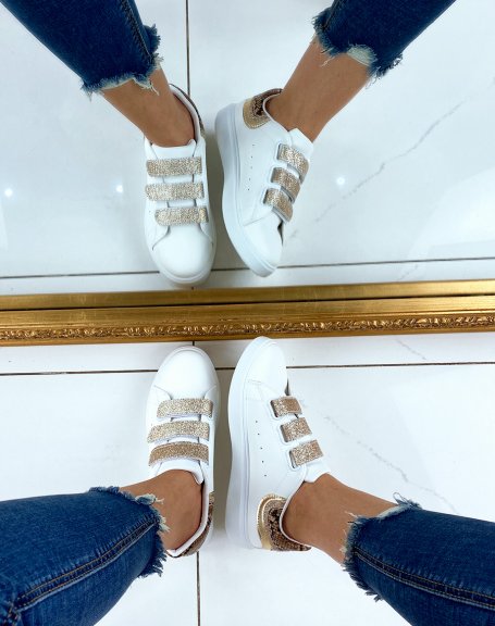 White sneakers with glittery gold velcro