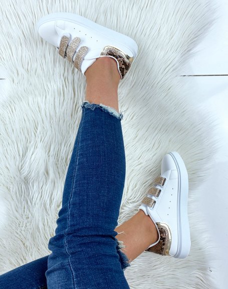 White sneakers with glittery gold velcro