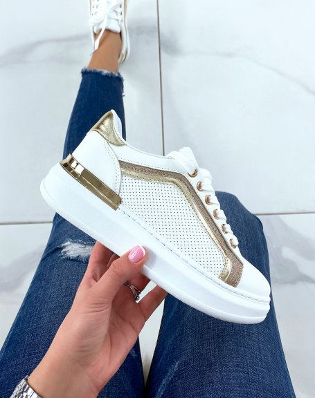 White sneakers with gold and sequined inserts