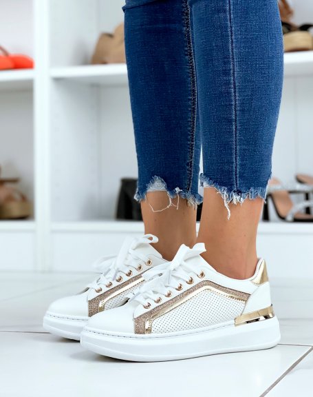 White sneakers with gold and sequined inserts