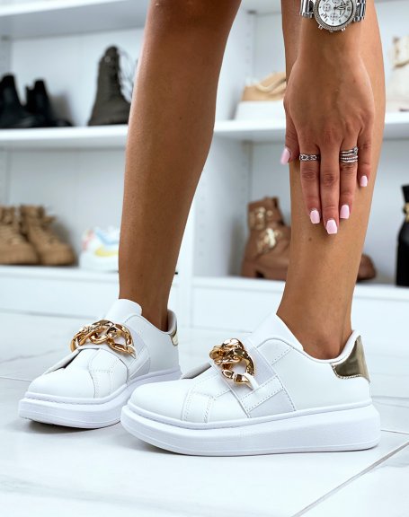 White sneakers with gold chain