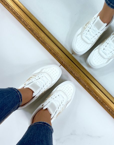 White sneakers with gold sequin printed inserts