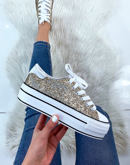 White sneakers with gold sequins
