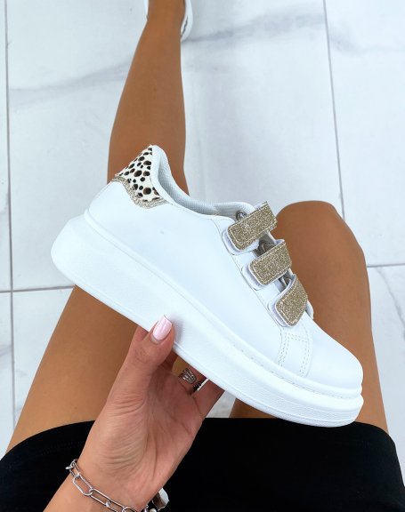 White sneakers with gold velcro and leopard yoke