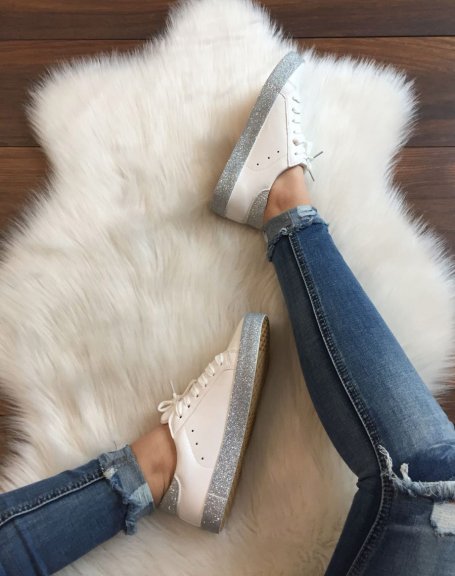 White sneakers with gray glitter