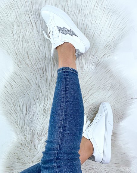 White sneakers with gray glitter details