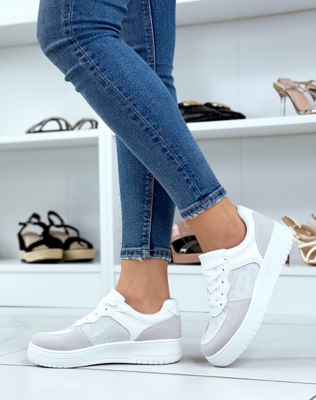 White sneakers with gray inserts and sequins
