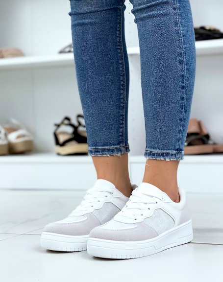 White sneakers with gray inserts and sequins