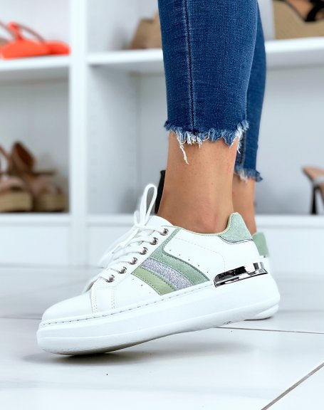 White sneakers with green and silver sequin inserts