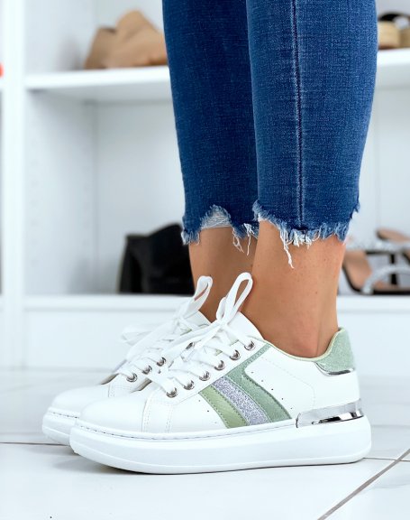 White sneakers with green and silver sequin inserts