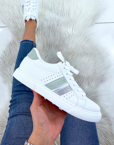 White sneakers with green and silver triple inserts