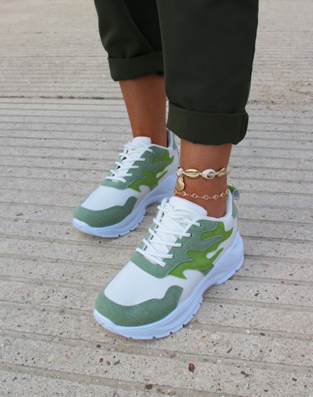 White sneakers with green flame inserts