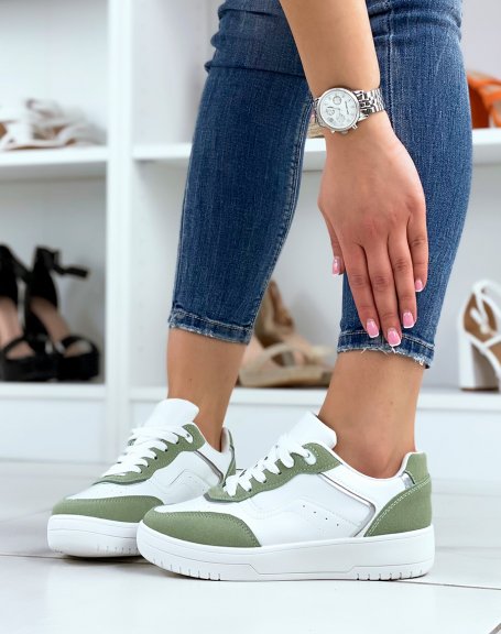 White sneakers with green inserts
