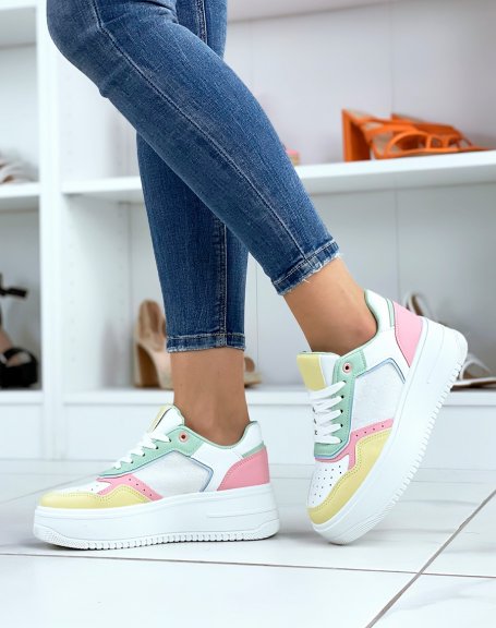 White sneakers with green, pink, yellow and blue inserts