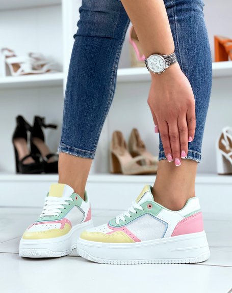 White sneakers with green, pink, yellow and blue inserts
