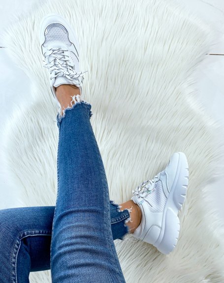 White sneakers with holographic detail