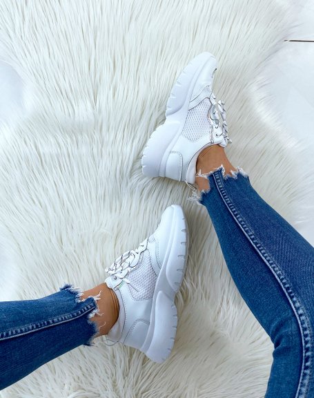 White sneakers with holographic detail