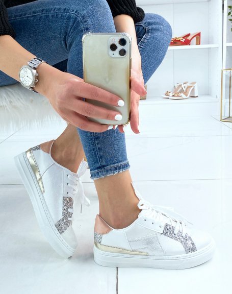 White sneakers with multiple glitter and light pink details