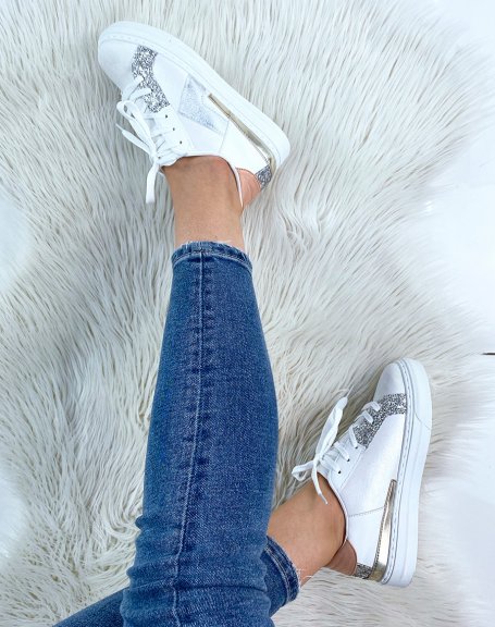 White sneakers with multiple glitter and light pink details