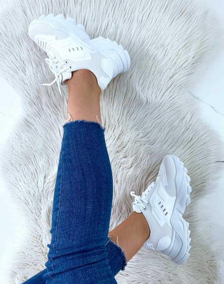 White sneakers with multiple materials and lug sole