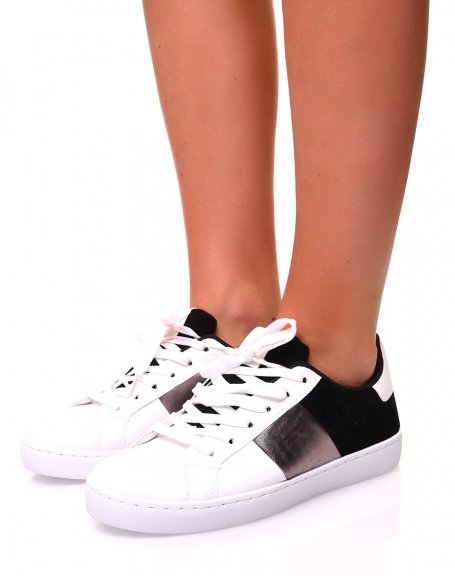 White sneakers with multiple silver and black inserts
