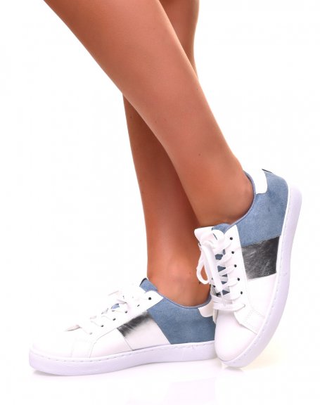 White sneakers with multiple silver and blue inserts