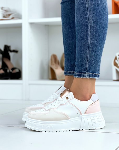 White sneakers with pink and beige inserts