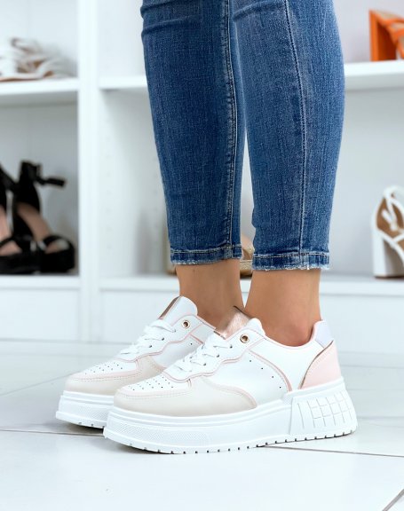 White sneakers with pink and beige inserts