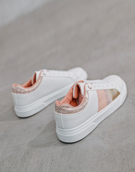 White sneakers with pink and gold inserts