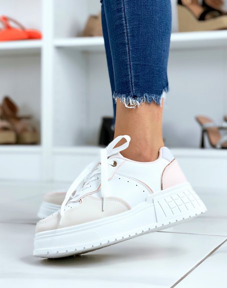 White sneakers with pink inserts with thick sole