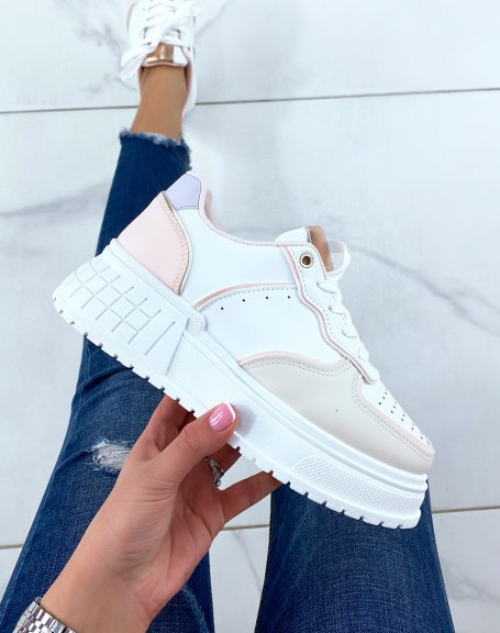 White sneakers with pink inserts with thick sole