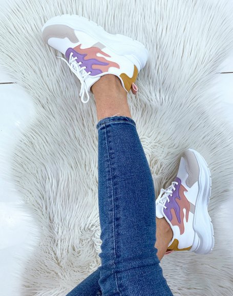 White sneakers with pink, purple, yellow and taupe flame inserts