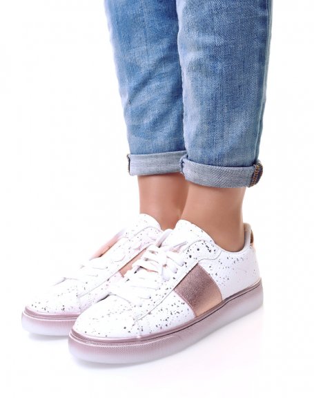 White sneakers with pink speckles