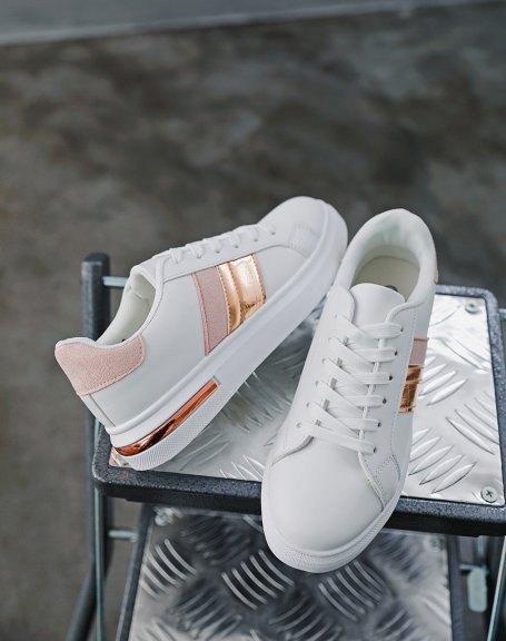 White sneakers with pink tri-material insert