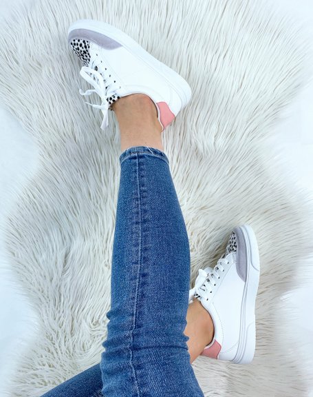 White sneakers with pink yoke and leopard patterns