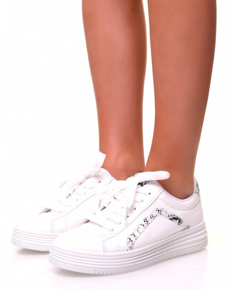 White sneakers with platforms and python inserts