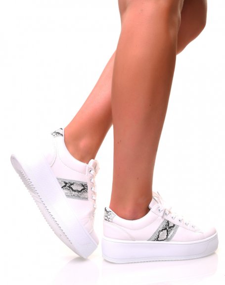 White sneakers with platforms and python inserts