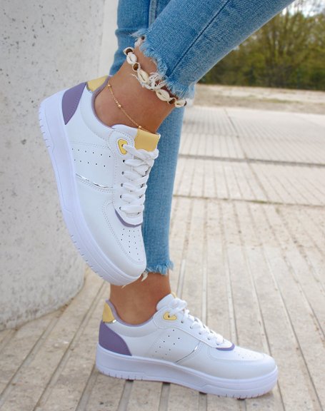 White sneakers with purple and yellow details