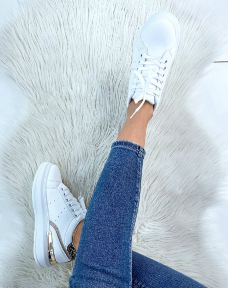 White sneakers with python and gold details