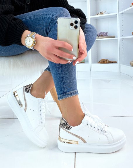 White sneakers with python and gold details