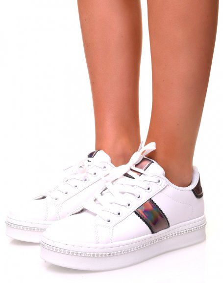 White sneakers with rhinestones and holographic inserts