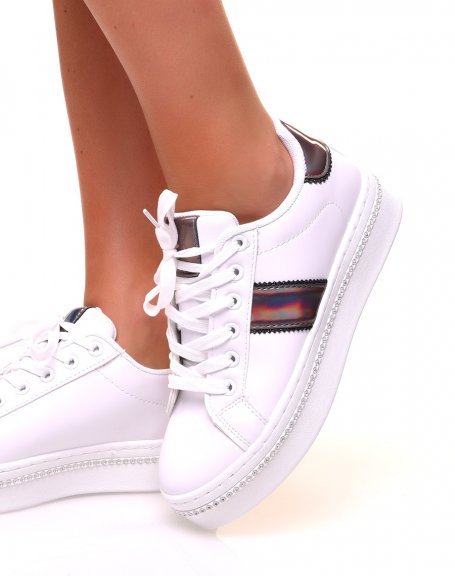 White sneakers with rhinestones and holographic inserts