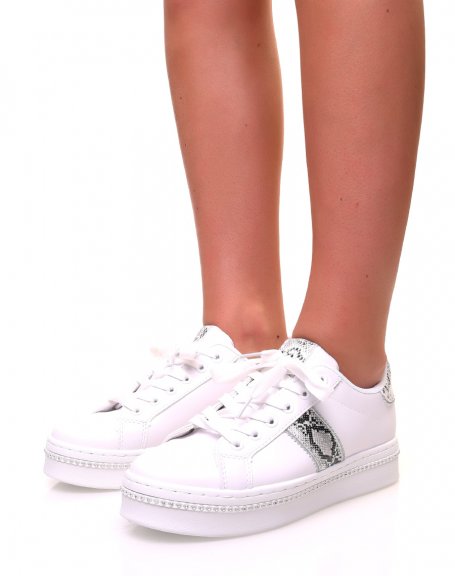 White sneakers with rhinestones and python inserts