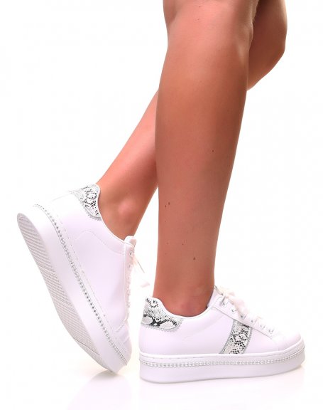 White sneakers with rhinestones and python inserts